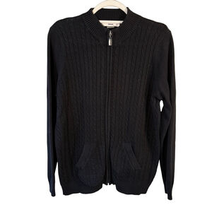 Alia Black Zip Up Cable Knit Sweater Size M Minimalist Cozy Classic Winter